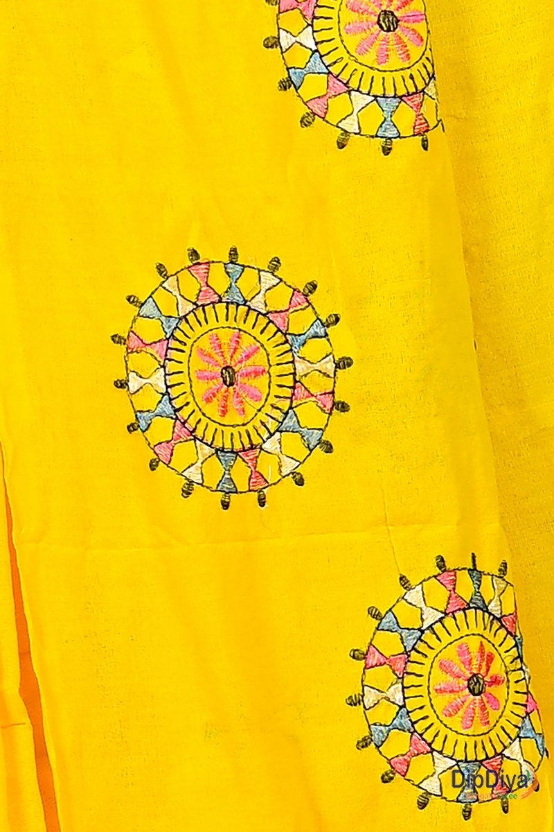 Yellow Pure Cotton Parama Embroidery Handloom saree (283)